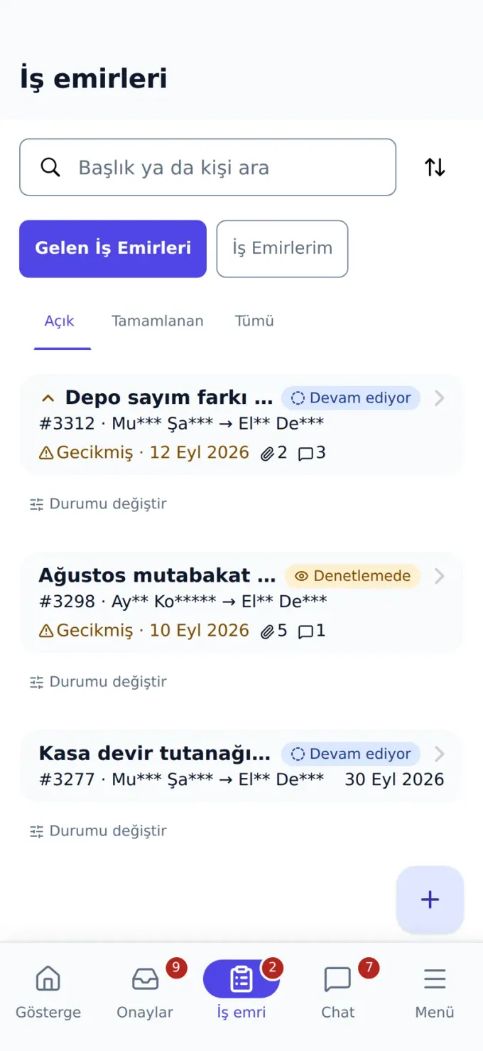 Mobil uygulamada iş emirleri